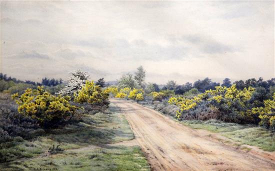 Charles A. Brindley (fl.1888-1916) Rabbits and gorse beside a moorland track, 9 x 14.75in.